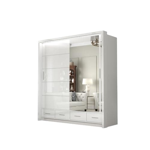 Image of DELUXEWARE Modern 2 & 3 High Gloss Sliding Door Wardrobe with Mirror & Led Light – MDF Bedroom Wardrobe with Drawers, Hanging Rail, & Shelves for Bedroom Furniture (White, 208cm)