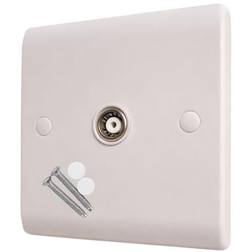 Image of Single Flush Coaxial TV Aerial Socket – Curved Edge TV/FM Coax Wall Faceplate Outlet, White Finish, Easy Install with Screws & Caps, 86mm x 86mm