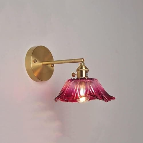 Image of HAvern Wall Light Pink Glass Flower Shade Gold Farmhouse Wall Mount Light Vintage Brass Wall Sconce Purple Clear Glass Nordic Modern Hanging Wall Lamp for Living Room Girls Bedroom Bedsid