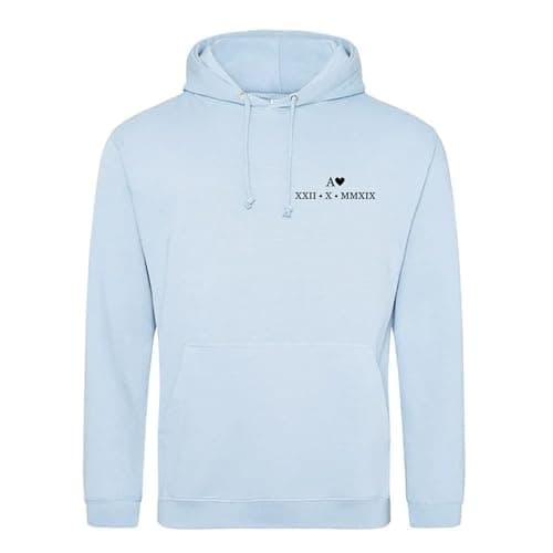 Image of Purple Print House Personalised Couples Hoodies Roman Numerals Anniversary Date His and Her Initial Embroidered - Valentines Day Matching Gifts, S, Sky Blue