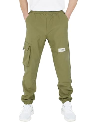 Image of CAMLAKEE Kids Softhell Hiking Trousers Boys Waterproof Outdoor Cargo Pants Walking Jogging Bottoms with Elastic Waist Army UK:6-7 Years (manufacturers's Size: 130)