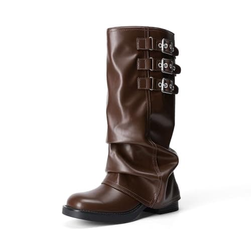 Image of DREAM PAIRS Fold-over Knee High Boots Comfort Low Heel Wide Calf Slouchy Boot Stylish Buckle Long Tall Boots for Women,Size 6,Brown,SDKB26007W