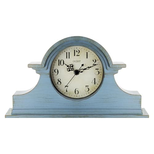 Image of OCEST Vintage Farmhouse Mantel Clock - 13 x 7 Inch Quartz Gilt Finish Battery Operated, Contemporary Napoleon Classic Desk & Shelf Décor for Living Room Office Tabletop Bedside (Azure Blue)