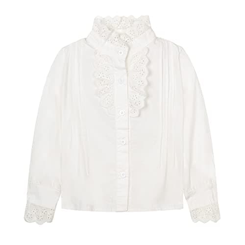 Image of Mud Kingdom Little Girls White Shirt for Girl Ruffle Collar Lace Trim Blouse Victorian Vintage Style Tops Cotton 7-8 Years