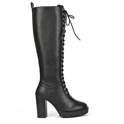 Image of ESSEX GLAM Womens Platform Block Heel Knee High Boots Ladies Black Lace Up Heeled Biker Combat Long Winter Shoes Size 3-8