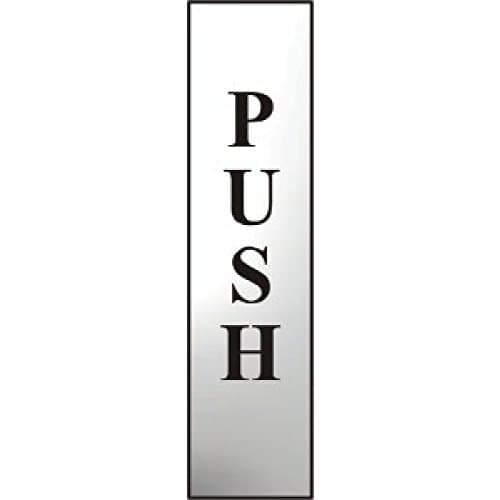 Image of Metal Self Adhesive Sign - Push (vertical) - Silver with Black Text - 200mm x 50mm