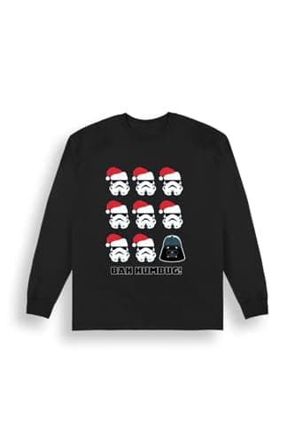Image of Brand Threads Men's Star Wars Christmas Jumper – Bah Humbug” Black Cotton-blend Sweatshirt For Men, Soft Crew-Neck – Easy-Care Festive Layer, Colourfast Darth Vader & Stormtroopers Graphic