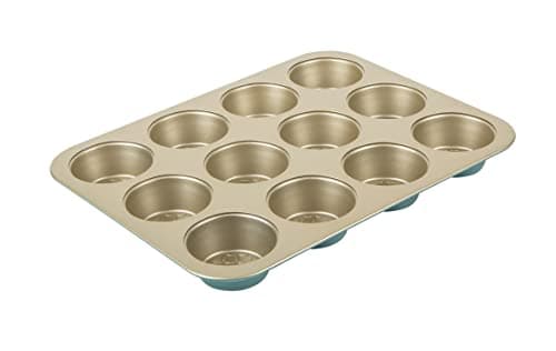 Image of Prestige x Nadiya Muffin Trays For Baking 12 Cup - Non Stick Muffin Tin, Dishwasher Safe, Oven and Fridge/Freezer Safe, Steel Bakeware, Teal & Gold
