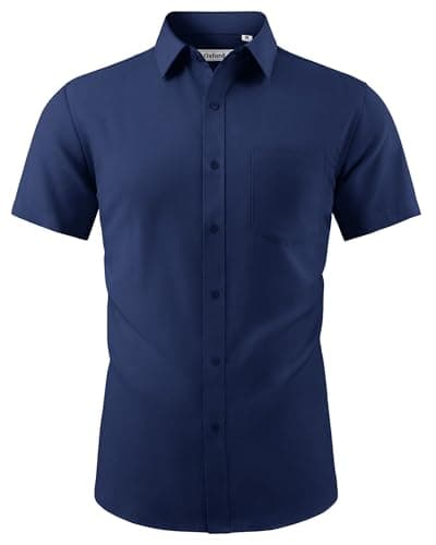Image of J.VER Mens Cotton Shirts Short Sleeve Summer Smart Casual Navy Blue Oxford Plain Work Button Down Shirt L