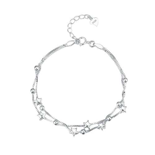 Image of GLEAVI 925 Sterling Silver Star Bracelet: Women's Double Layer Chain - Dainty Layered Jewellery (16cm)
