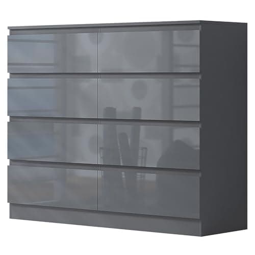 Image of FWStyle Grey Gloss Front 8 Drawer Wide 4+4 Chest of Drawers - H99 X W110 X D40cm