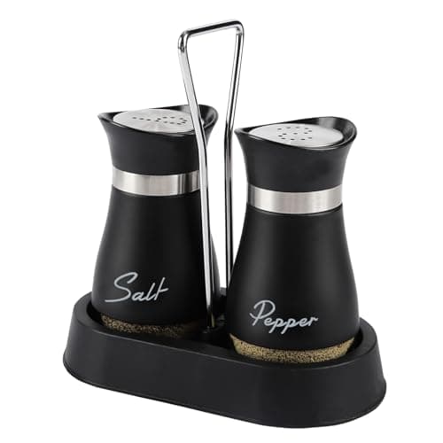 Image of HZPZPP ,Salt and Pepper Sets,Salt and Pepper Shakers Sets with Holder,Set of 2 Stainless Steel and Glass Bottle Stainless Steel,Salt Shaker Dispenser for Cooking, BBQ (Black)