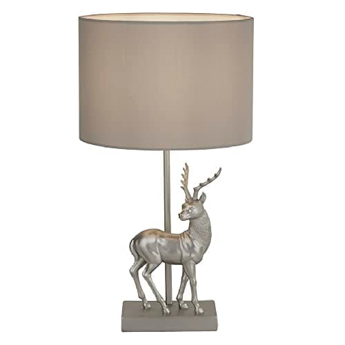 Image of Silver Stag Vintage Table Lamp Light with Grey Fabric Drum Shade | 425mm Height | 1 x E27 ES Lamp Bulb Required (Not Included) | 3 Pin Plug | in-line Switch | Suitable for LED