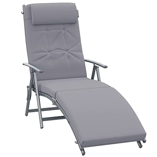 Image of Outsunny Sun Lounger Steel Frame Outdoor Folding Chaise Texteline Lounge Chair Recliner with Headrest & 7 Levels Adjustable Backrest, Grey
