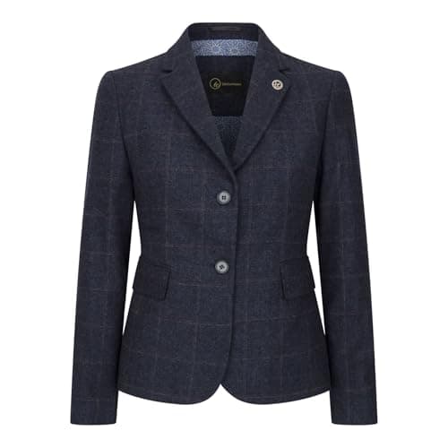 Image of TruClothing Women's Blazer Wool Blend Tweed Herringbone Checkered Tailored Fit Ladies Country Jacket - Navy 18