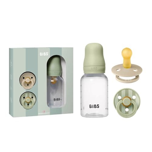 Image of BIBS Baby Gift Set, with a 150 ml Baby Bottle and a 2-Pack of BIBS Colour Dummies, BPA Free Dummy Pacifier, Round Teat. Natural Rubber Latex, Designed in Scandinavia, Size 1 (0-6 Months), Sage
