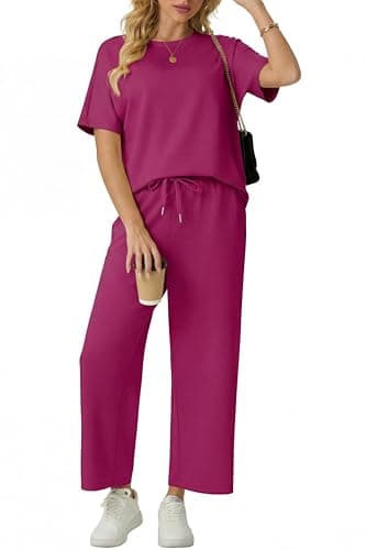 Image of GRECERELLE Airport Two Piece Outfits Lounge for Women Tracksuit Womens Full Set Summer Short Sleeve Casual Crew Neck Cap Sleeve Tops and Jogging Bottoms with Pockets (Hot Pink, XL)