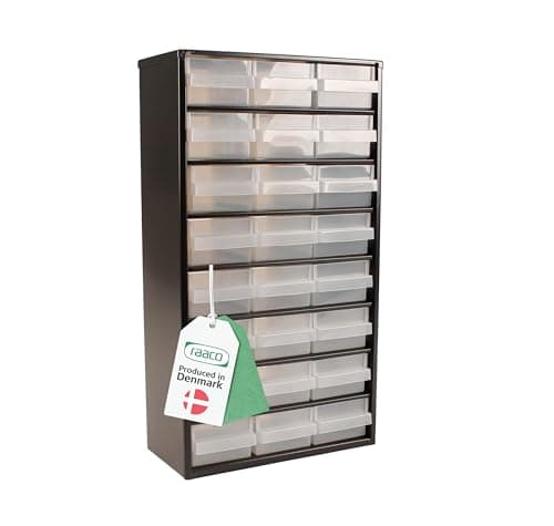 Image of Raaco Storage Cabinet C12-24 with 24 Drawers | Metal Tool Organiser | 30 kg Capacity | 15 × 30.6 × 55.2 cm | Steel Frame with Transparent Polypropylene Drawers | Garage Storage & Workshop Organiser