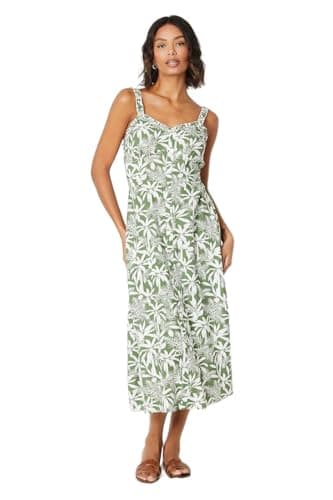 Image of Dorothy Perkins Palm Button Through Frill Neckline Midi Dress, 12, Green