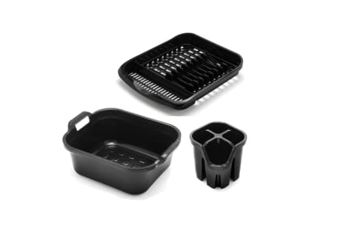 Image of Addis Washing up Set of 3 Twin Handle Washing up bowl, Plate draining rack and Cutlery drainer, Black