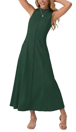 Image of GRECERELLE Women's Mock Neck Midi Dress Sleeveless Summer Dresses for Women UK Elegant A Line Ladies Casual Dresses with Pockets for Work Holiday Party (Dark Green, L)