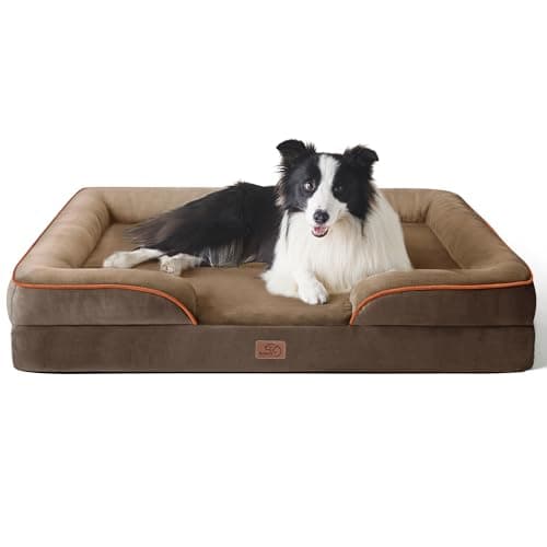 Image of Bedsure Large Dog Bed Sofa - Washable Orthopedic Dog Beds and Couch with Removable Flannel Cover, Waterproof Dog Pillow with U-Shape Bolster, Brown Squre Pet Bed, 89x63x16cm