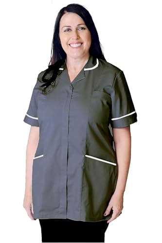Image of Skywear T66 Ladies Tunic Tops - Women's Healthcare & Beauty Tunics for Women UK | Work Uniforms for Office, Salon, Nurse & Spa - Multicolor Short Sleeve Tops, Grey/White, 12