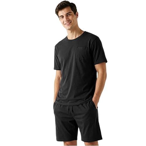 Image of Get Trend Men’s Pyjamas Sets M-5XL, Crew Neck Cotton T-shirts & Shorts Pj Set, Loungewear Tees & Short Bottoms, Soft & Comfy Nightwear (M, Black)
