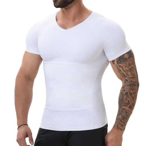 Image of SLIMBELLE Body Shaper for Men V-Neck Elastic Slimming Waist Trainer Tummy Control Compression Shirt Men Base Layer Undershirts Compression top Shapewear White