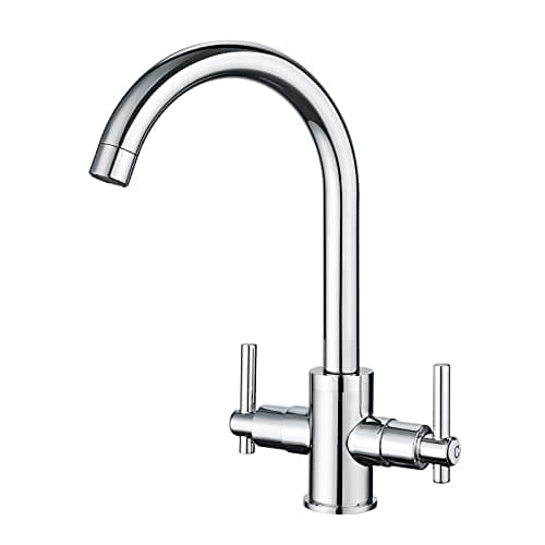 Image of Funime® Kitchen Taps Dual Lever Kitchen Sink Mixer Tap 1 Hole Stainless Steel Monobloc Sink Taps Traditional 360 Swivel Spout Chrome Double Handles Faucet