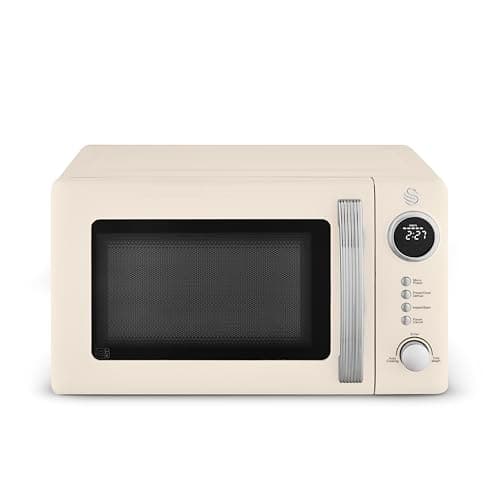 Image of Swan Retro 20L Digital Microwave, 5 Power Levels, 12 Auto Cook Pre-sets, Defrost by Weight or Time, LED Display, 800W, Cream, SM4425CRM