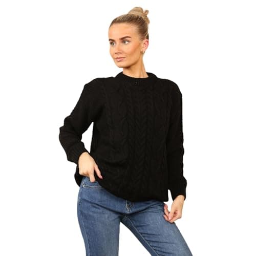 Image of MyShoeStore Ladies Knitted Cable Knit Jumpers Womens Crew Neck Casual Lightweight Fisherman Baggy Oversize Chunky Vintage Long Sleeve Pullover Warm Winter Sweaters Tops (Black, M/L)