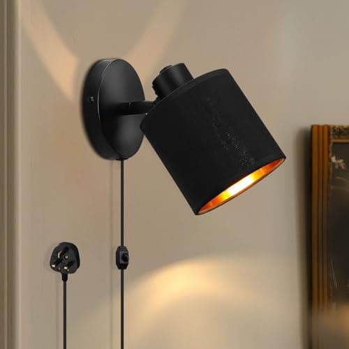 Image of Winverty Plug in Wall Light with Switch, Industrial Dimmable Vintage Wall Lamp with Black Fabric Shade 350° Rotatable, E27 Bedside Wall Sconce Lights for Bedroom Living Room