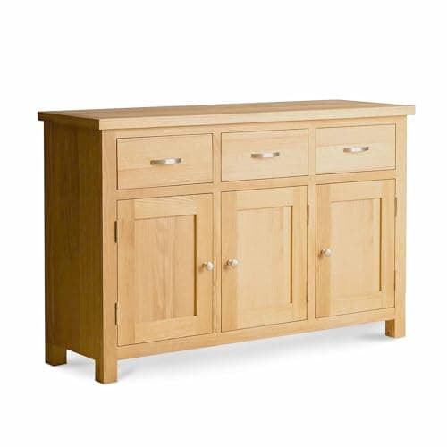 Image of London Oak Large Sideboard Cabinet for Living Room | Roseland Furniture Solid Wood Contemporary 3 Drawer 3 Door Sideboard Storage for Dining Room, Fully Assembled