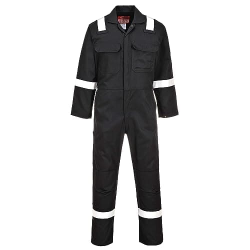 Image of Portwest BIZ5 Bizweld Iona FR Coverall Flame Resistant Overalls Mens Workwear Welding Reflective Protective Wear Knee Pad Pockets Arc Flash Boiler Suits, Regular, Black, M