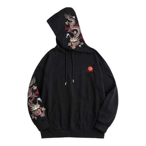Image of HaiZi XiHuan Streetwear Men's Dragon Embroidered Heavyweight Graphic Hoodies Japanese Techwear baggy Anime Hoodie, Black-dragon-01, Medium