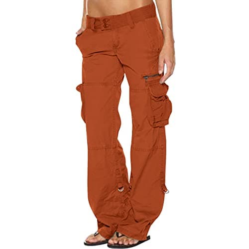 Image of SMIDOW Low Rise Cargo Pants for Women Plus Size Baggy Stretchy Wide Leg Pants Pockets Y2K Streetwear Combat Military Trousers, #G03-orange, S