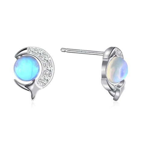 Image of Weviway Sterling Silver Moonstone Stud Earrings, Moon and Star Design, Cubic Zirconia Accents, June Birthstone Jewellery
