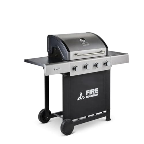 Image of Fire Mountain Sierra 4 Burner Gas BBQ Stainless Steel with Cast Iron Grill and Side Shelves Large Outdoor Barbecue for Garden Patio 60 x 42cm Cooking Area