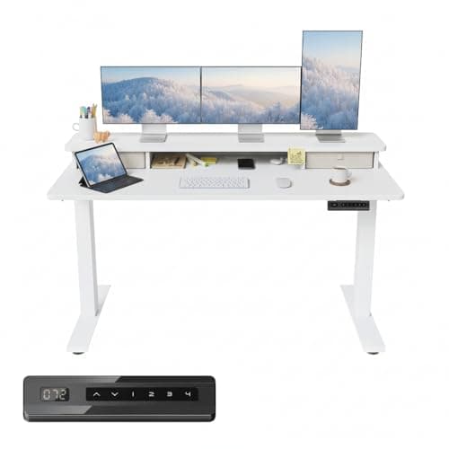 Image of FEZIBO Electric Height Adjustable Standing Desk, 160x70cm, with Double Drawers and Storage Shelf, White Frame/White Top