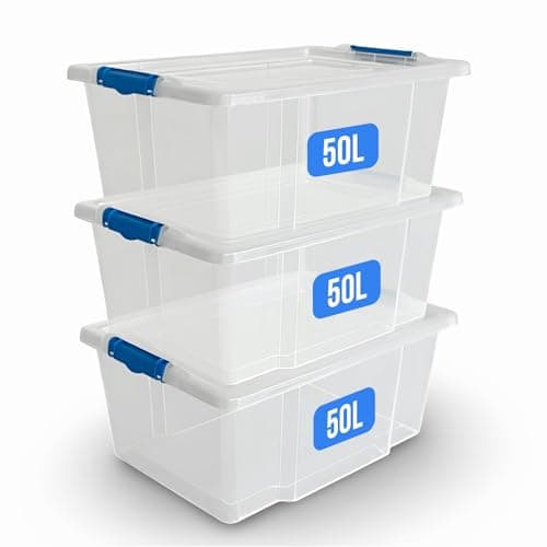 Image of KAPCO Stackable Storage Bins with Lids – 3 x 50L Clear Plastic Organizer Boxes | Durable Modular Containers with Clip Lock Handles for Home, Garage, Loft, Kitchen, Closet, Office, Moving, Pantry Use
