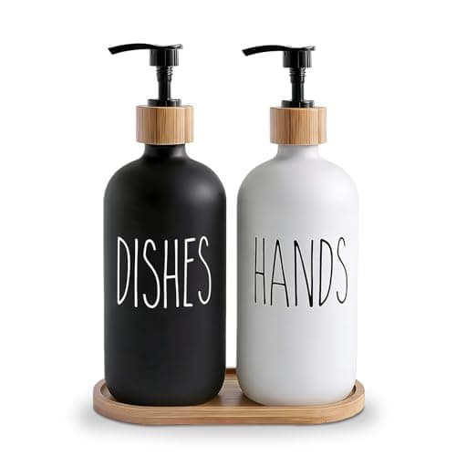Image of 2 Pack 500ml Black & White Glass Soap Dispensers with Bamboo Tray - Refillable Hand & Dish Soap Dispenser Set for Kitchen Countertop and Bathroom, Shampoo Lotion Bottles with Pump