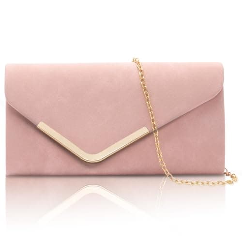 Image of Larcenciel Suede Women's Clutches, Nude Pink Clutch Bags for Women w/Detachable Chain, Envelope Evening Handbag, Minimalist Cross Body Shoulder Bag Purses Wallet for Women Bridal Prom Party Wedding