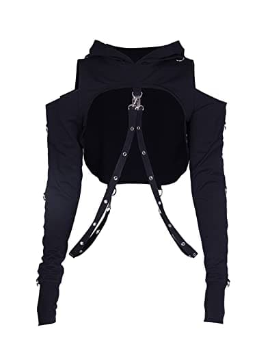 Image of DINGJIUYAN Black Punk Hoodie Swaeatshirt,Gothic Grunge Short Hoodie Casual & Chic Top