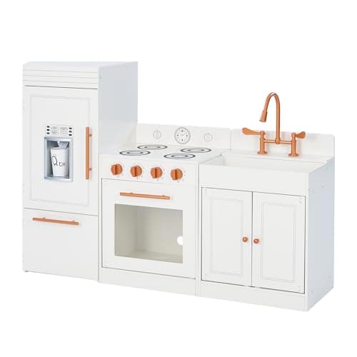 Image of Teamson Kids Little Chef Paris Modular Contemporary Interactive Wooden Play Kitchen with Refrigerator, Oven, Sink, and Storage Space for Easy Clean Up, White with Rose Gold Finishes