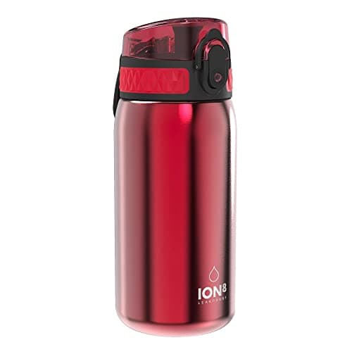 Image of ION8 Lightweight Steel Kids Water Bottle, 400ml/13oz, Non-Insulated, Leak Proof, Easy to Open, Secure Lock, Dishwasher Safe, Fits Cup Holders, Carry Handle, Metal Water Bottle, Metallic Red
