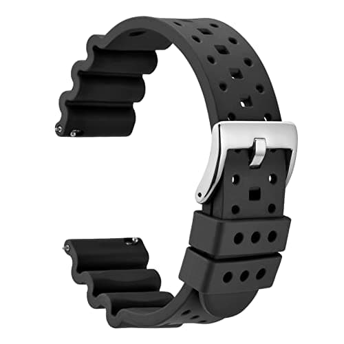 Image of WOCCI 20mm Ventilated Watch Strap for Men (Not Silicone), FKM Rubber, Silver Buckle (Black)