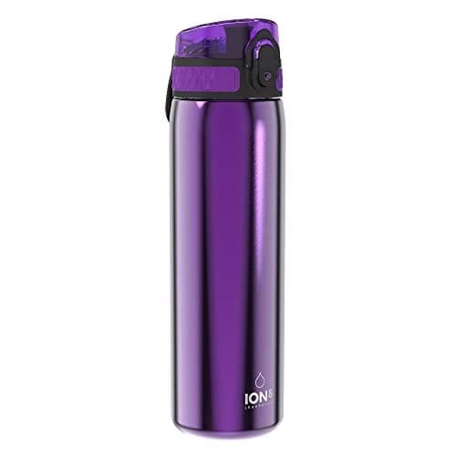 Image of Ion8 Lightweight Steel Water Bottle, 600ml/20oz, Non-Insulated, Leak Proof, Easy to Open, Secure Lock, Dishwasher Safe, Flip Cover, Fits Cup Holders, Carry Handle, Metal Water Bottle, Metallic Purple