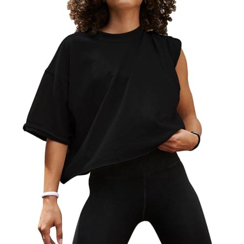 Image of EBANKU Oversized Workout Shirts for Women Short Sleeve Crop Tops Casual Basic Cotton Athletic Yoga Running Cropped T-Shirts Black