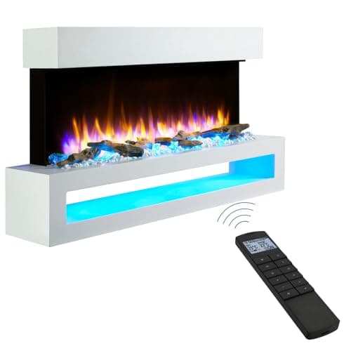 Image of Endeavour Fires Fenwick 43'' Wall Mounted Electric Fireplace with Off-White Surround, Log/Stone/Crystal Fuel Beds, Realistic Flame Effects & LED Lighting, 1–2kW Heater, Remote Control